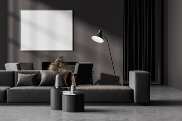 Contemporary dark grey living room interior with fireplace, sofa, armchairs. Big poster template mockup on wall.