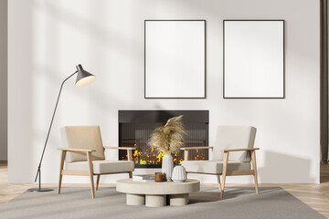 Contemporary white living room interior with fireplace, armchairs. Two posters in a row template mockup on wall.