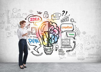 Businesswoman with tablet, colourful light bulb with brain, doodle icons