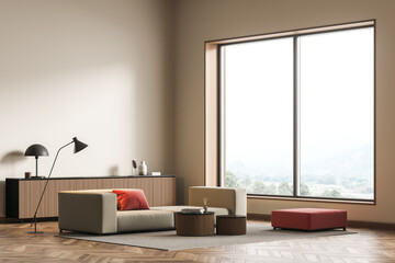Modern Living Room Interior with empty wall, beige and red couch and wooden table. Mock up concept. 3d rendering