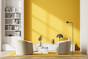 Empty mock up wall on living room interior with library and two armchairs. Concept of reading.