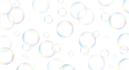 Soap bubbles with rainbow reflection on white background Vector glossy oxygen magic flying balloons