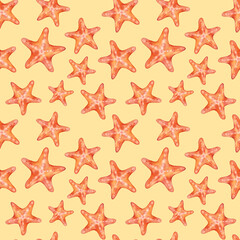 Fototapeta na wymiar Watercolor seamless pattern with red starfish on a orange background