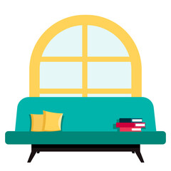 free-form interior template against the background of a picture and sofa with books and pillows. Work form home concept