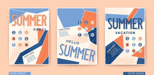 Set of modern Summer posters. Seasonal holiday, vacation, party and fun. Vector banners