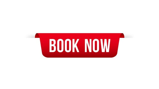 Red ribbon on book now text on white background. Promotion sign. Motion graphics.