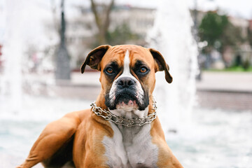 Boxer dog portrait on the background of the fountain