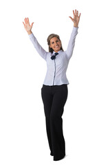 Business woman with arms raised