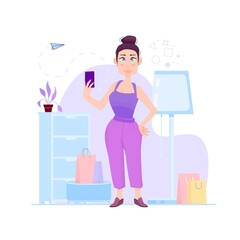 Girl holding a smartphone in her hands, on the background of the interior, cartoon character - flat style.