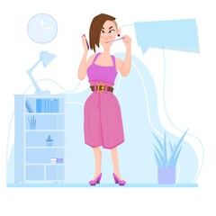 Girl holding a smartphone in her hands, on the background of the interior, cartoon character - flat style.