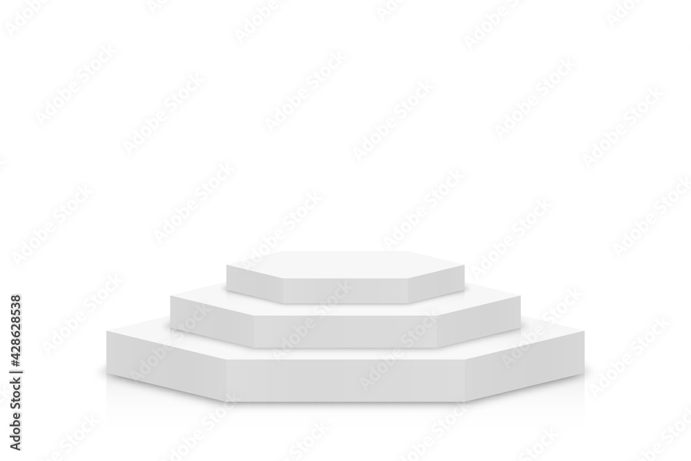 Poster white 3d podium mockup in hexagon shape. empty stage or pedestal mockup isolated on white background