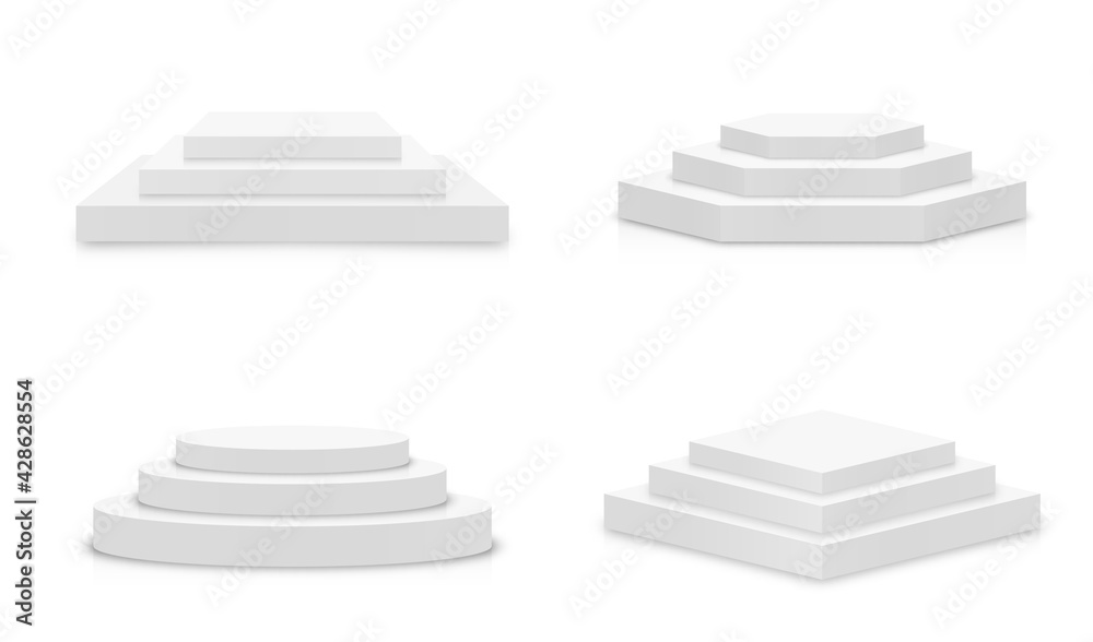 Poster white 3d podium mockup in different shapes. set of empty stage or pedestal mockups isolated on white