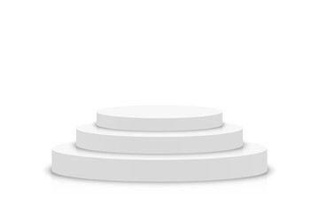 White 3d podium mockup in circle shape. Empty stage or pedestal mockup isolated on white background. Podium or platform for award ceremony and product presentation. Vector