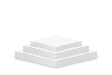 White 3d podium mockup in square shape. Empty stage or pedestal mockup isolated on white background. Podium or platform for award ceremony and product presentation. Vector