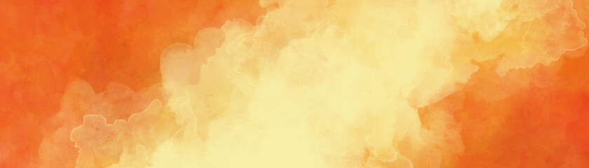 Abstract yellow watercolor smoke or haze on orange background in abstract diagonal shaft of light or puffy clouds with watercolor fringe bleed and wispy texture