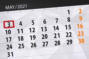 Fototapeta premium Calendar planner for the month may 2021, deadline day, 3, monday