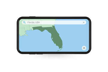 Searching map of Florida in Smartphone map application. Map of Florida in Cell Phone.
