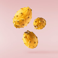 creative image with fresh yellow pitaya falling in the air, zero gravity food conception
