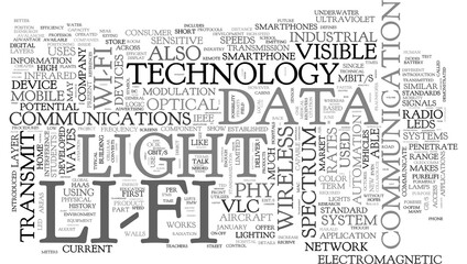 Li-Fi (Light Fidelity, wireless communication technology by LED) High Speed Wireless connection concept words