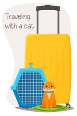 Traveling with domestic animals. Suitcase and carrier for a cat. Happy cat ​​in a bag for transportation. Vector illustration isolated on white background