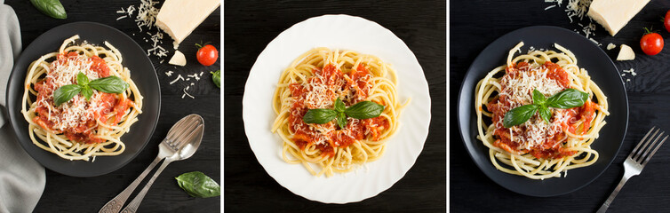 Collage of italian food. Italian pasta with tomato sauce and parmesan on the black wooden...
