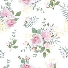 Seamless pattern  with realistic bouquets Rose flower. Vector illustration. 