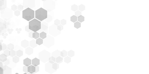 Abstract background has gray hexagons 0n white background with copy space