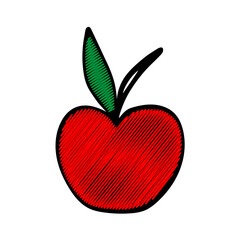 Vector outline illustration of one red apple with green leaves isolated on a white background