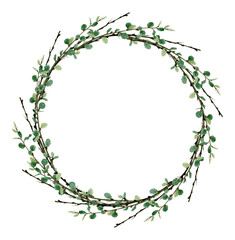Watercolor forest greenery wreath frame. Perfect for logo and wedding invitation. Botanical illustration