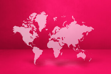 World map on pink wall background. 3D illustration