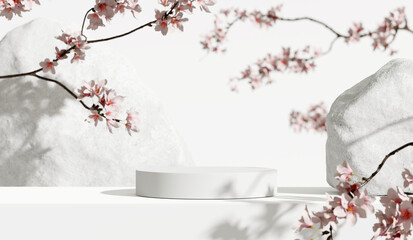 White stone podium, Cosmetic display stand with blossom flowers on white background. 3D rendering  © nawapon