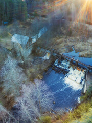 an old abandoned Finnish hydroelectric power station on the Volchya River in the Varyamyanselka Ridge . .aerial view