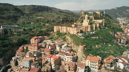 Fototapeta na wymiar Aerial view of the Narikala fortress and the Church of St. Nicholas. District of Old Tbilisi