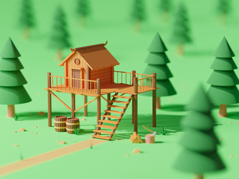 3D cartoo3D cartoon Wooden house in the forest, in the morning - 3D render