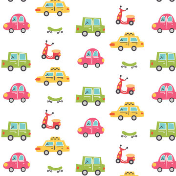Pattern with city cars, cab, scooter and skateboard. Nursery digital paper, vector hand drawn illustration