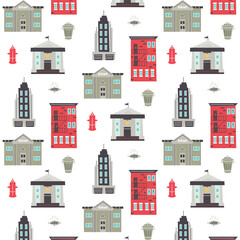 Pattern with skyscraper, apartment building, fire hydrant, manhole. Nursery digital paper, vector hand drawn illustration