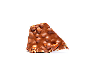 Milk chocolate pieces isolated on white background.