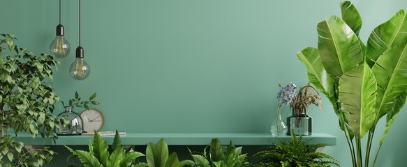 Naklejka na ściany i meble Interior wall mockup with green plant,Green wall and shelf.