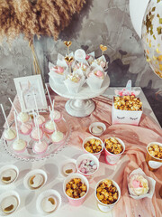 Unicorn party Candy Bar. Delicious sweet buffet. Celebratory table. Catering service. 