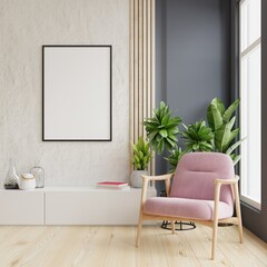 Poster mockup with vertical frames on empty wall in livingroom interior with pink velvet armchair.