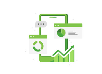 Vector illustration of a phone with a sales analytics application. Analysis of the survey. Details of transactions. Business icon. Mobile app. Green. Eps 10
