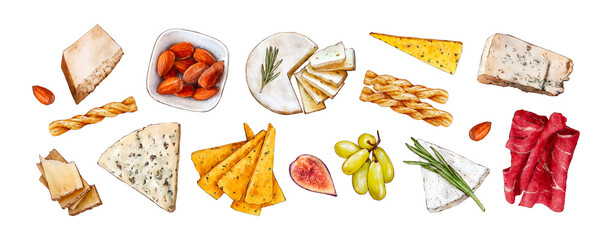 Various types of cheese and snacks. Blue cheese, parmesan, bread sticks, almonds, bacon, grapes isolated on white background. Hand painted watercolor hand drawn illustration. Healthy food 