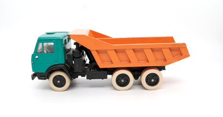 toy model of a truck from the USSR made of metal on a white background, isolated object