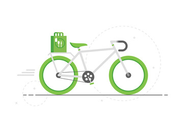 Food delivery by bike. Eco-friendly delivery of goods. Package with eat. Takeaway meal. Green. Flat design. Eps 10