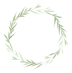 Greenery frame, green leaves and branches on wreath, watercolor design elements, hand drawn illustration
