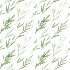 Fototapeta premium Watercolor greenery leaves seamless pattern. Summer floral plant watercolor background. Green plant. Hand drawn botanical natural illustration. Watercolor leaf backdrop art design.