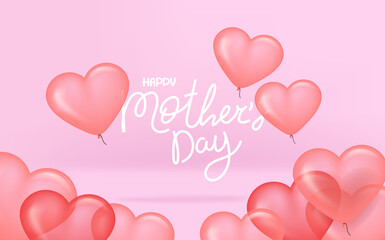 Obraz na płótnie Canvas Happy mothers day pink vector banner with balloons