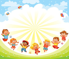 Playground. Children happily jump on the flower field. Template for advertising brochure