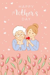 Cartoon women, a daughter with an elderly mother, hearts and tulips around, 'Happy Mother's Day', hand-drawn.