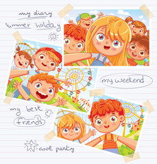 Children's diary with pasted photos, handwritten notes and kids drawings